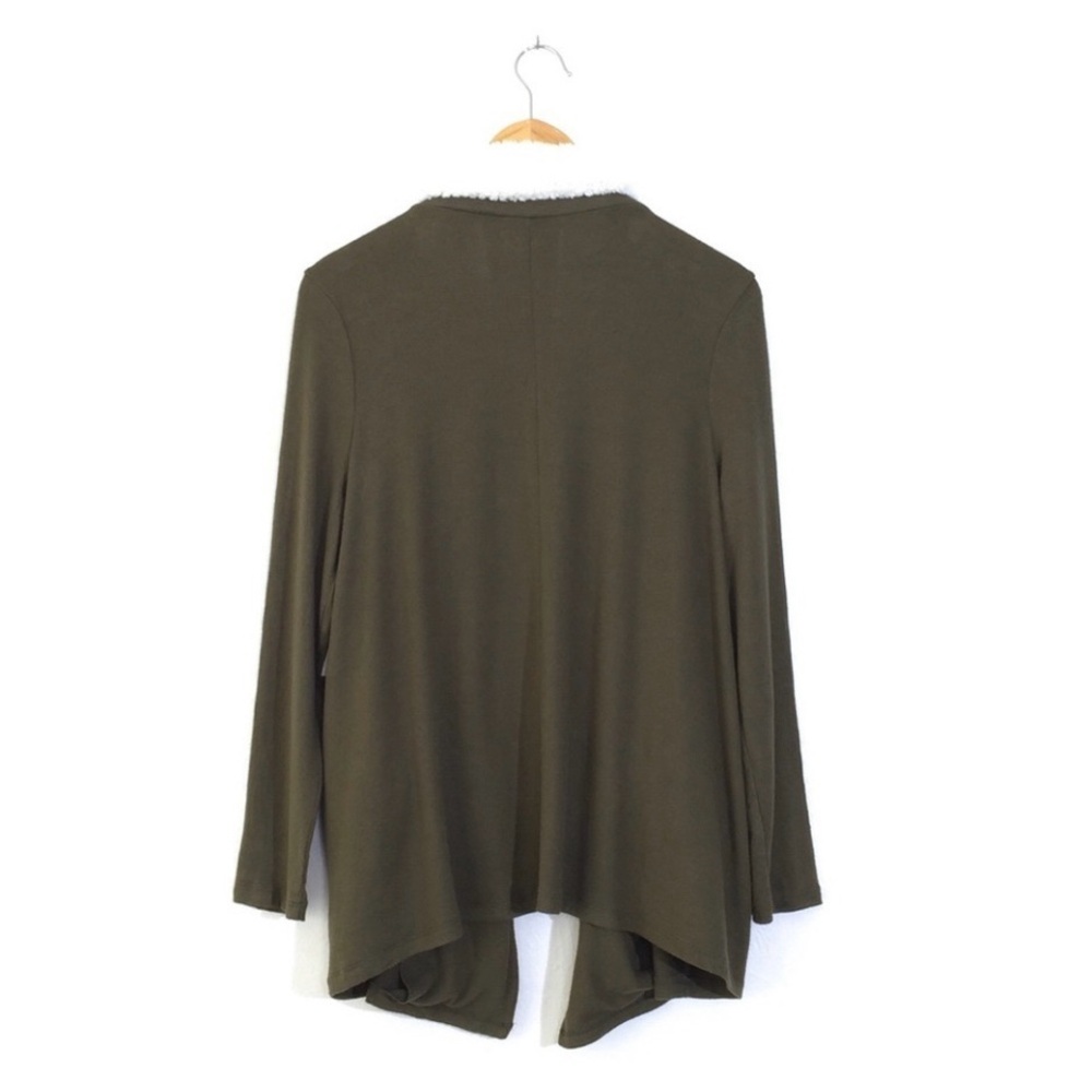 SUSINA Olive Green Faux Fur Trimmed Shawl Collar Draped Open Front Cardigan - Picture 9 of 12